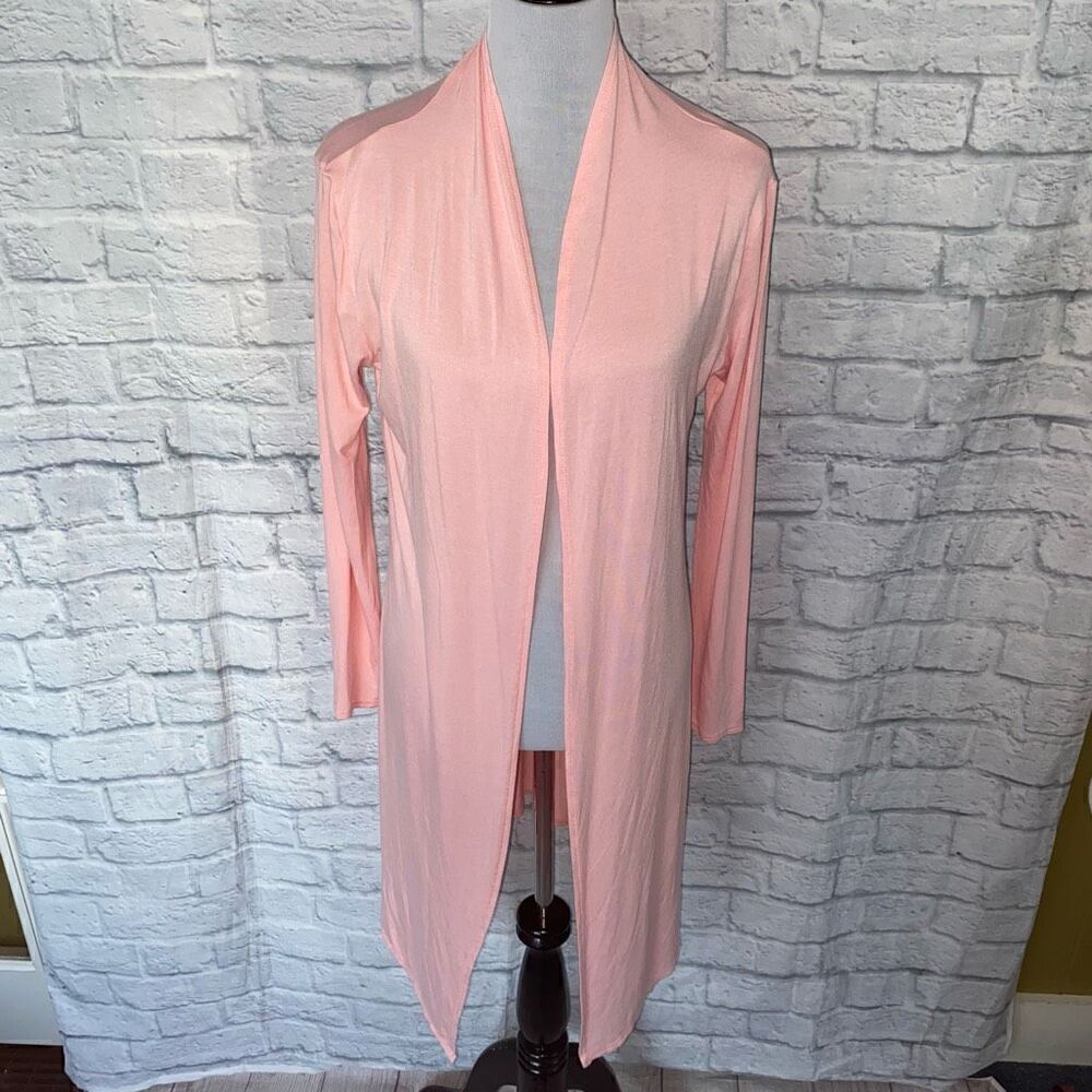 Isaac Liev women S open front long length cardigan pink